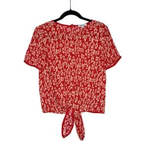 Madewell Crinkled Button Back Floral Tie Front Full Bloom Georgette Blouse Red